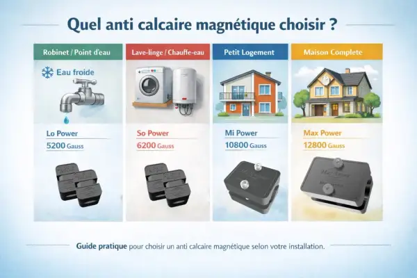 Guide pour choisir un anti calcaire magnétique. Aide à prévenir la formation du calcaire pour robinet, lave-linge, petit logement ou maison complète.