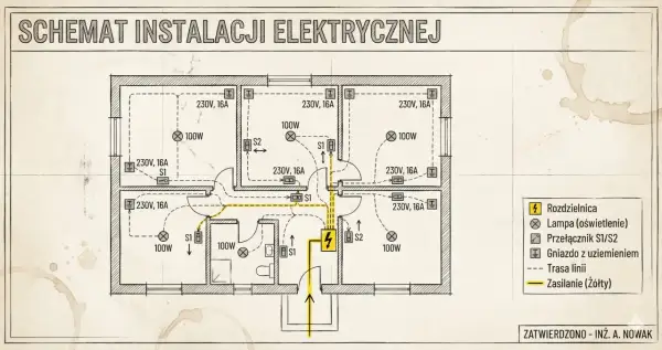 Schemat instalacji elektrycznej mieszkania z rozmieszczeniem gniazd, lamp i przełączników.