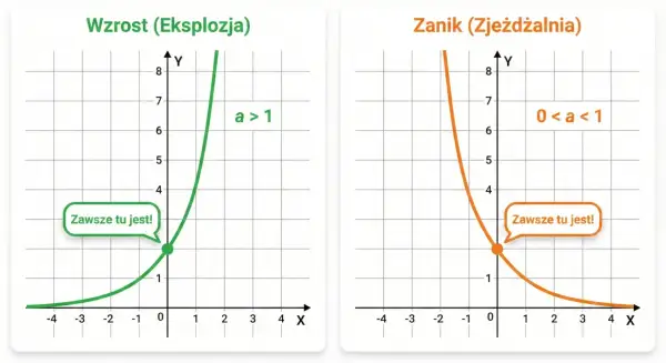 Wykresy ilustrujące funkcję wykładniczą: wzrost (a>1) i zanik (0<a<1).