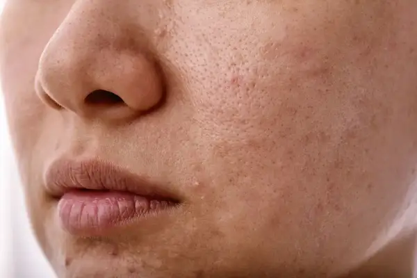 Skóra z widocznymi porami i śladami po niedoskonałościach, sugerującymi nadmierne wydzielanie sebum.