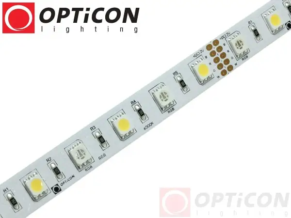 Taśma LED z diodami 5050 RGB i białymi, z oznaczeniami Opticon.