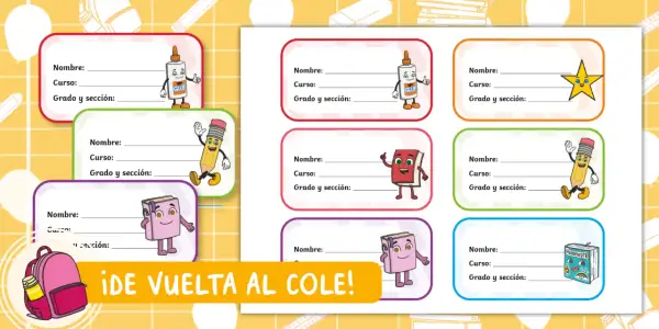 Plantillas de etiquetas para imprimir gratis con dibujos de útiles escolares animados. ¡Perfectas para la vuelta al cole!
