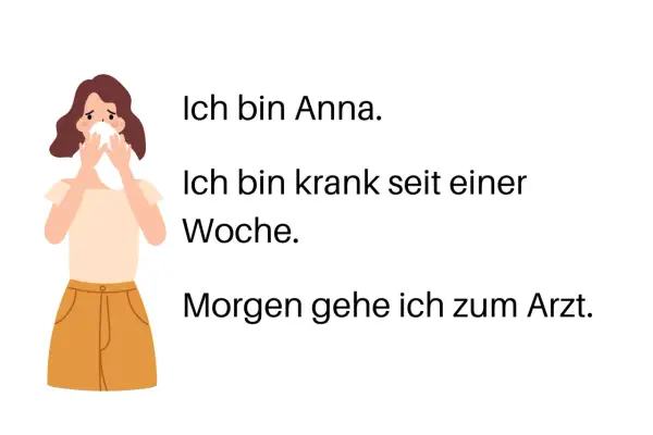 Ilustracja kobiety z chusteczką przy nosie, obok tekst po niemiecku.