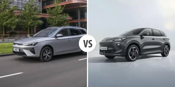 Jämförelse mellan en silverfärgad MG5 kombi och en mörkgrå SUV.