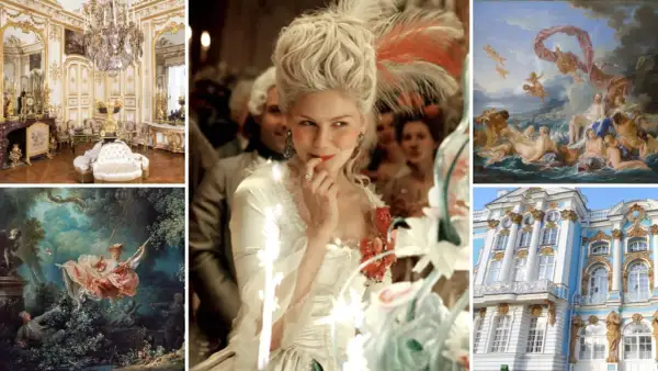A collage showcasing the opulent Rococo style: a gilded salon, a woman in a powdered wig, a mythological fresco, a garden swing painting, and a blue and gold palace.