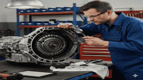 Mecánico revisa con lupa un complejo cambio CVT, asegurando su perfecto funcionamiento.
