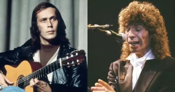 Dos imágenes de Camarón de la Isla, uno tocando la guitarra y otro cantando, evocando sus canciones más famosas.