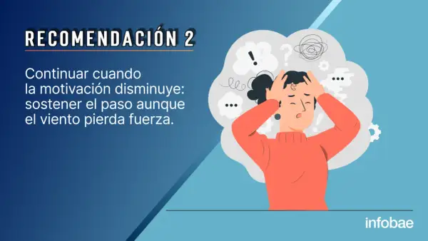 Una mujer con las manos en la cabeza, rodeada de símbolos de confusión, representa la lucha por mantener la motivación personal.