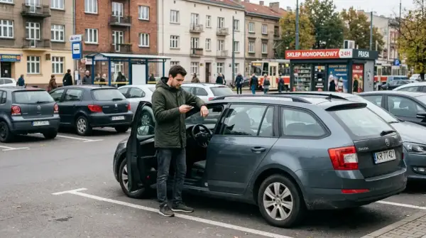 Mężczyzna przy otwartych drzwiach samochodu sprawdza coś na telefonie. W tle parking, budynki i sklep monopolowy.