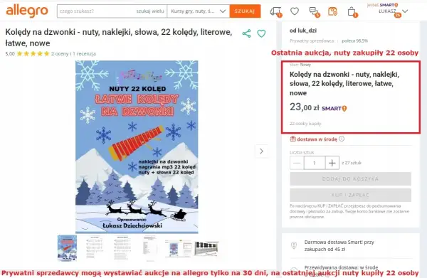 Nuty 22 kolęd na dzwonki chromatyczne, łatwe, literowe, z naklejkami i nagraniami mp3. Ostatnia aukcja, nuty zakupiły 22 osoby.