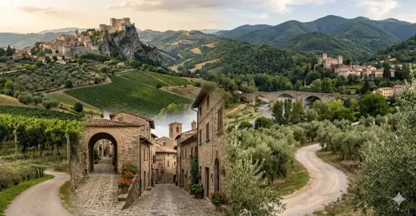 Paesaggi incantevoli di borghi bandiera arancione, con castelli arroccati, vigneti rigogliosi, ponti antichi e vicoli in pietra.