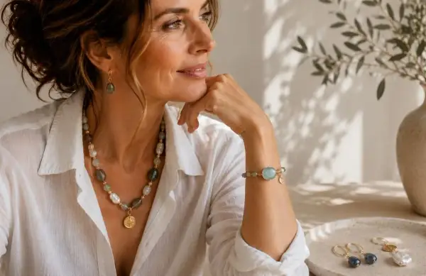 Kobieta w białej koszuli nosi naszyjnik z kamieni i pereł, bransoletkę i kolczyki. Złoty medalik na naszyjniku symbolizuje "xp" - doświadczenie i piękno.