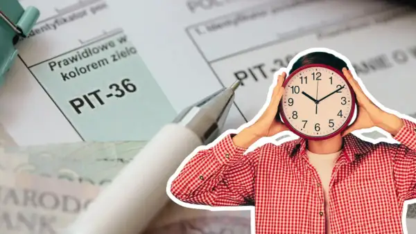 Czas ucieka, a Ty zastanawiasz się, co można odliczyć w PIT. Formularz PIT-36, długopis i zegar symbolizują pilną potrzebę rozliczenia.