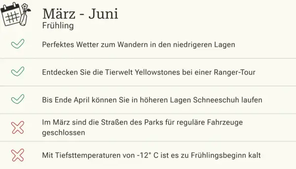 Frühling im Yellowstone Nationalpark: Wandern, Tierwelt entdecken, Schneeschuhwandern möglich. Straßen im März gesperrt, kalt.
