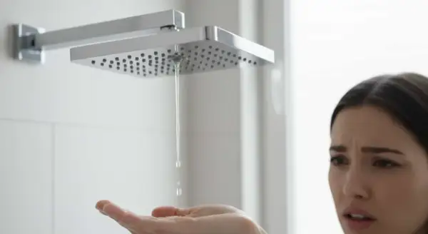 Une femme au visage déconfit teste l'eau de la douche. Elle n'a que de l'eau chaude dans sa douche, quelle déception !