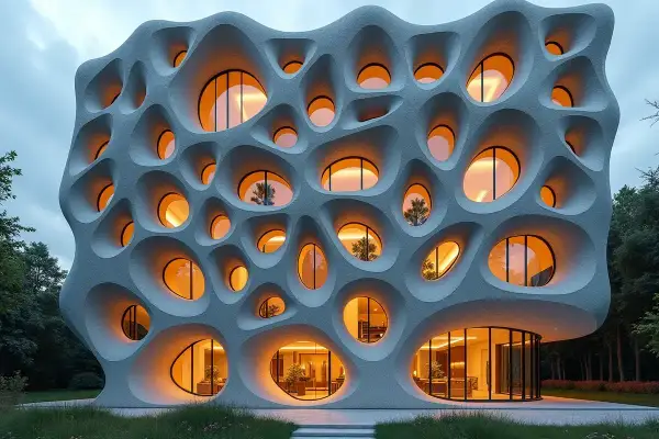 Fascynujący budynek z organiczną fasadą, gdzie okna tworzą wzory przypominające fraktale w architekturze.