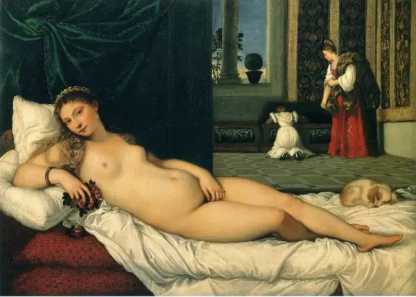 A reclining nude woman, a classic subject in renaissance paintings of women's bodies, rests on a bed. In the background, two figures attend to a chest.