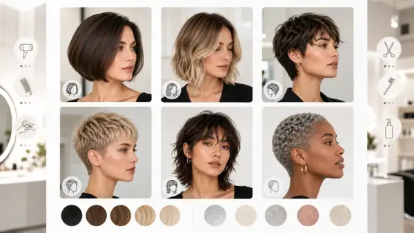 Seis estilos de cortes de pelo corto mujer: bob, lob ondulado, pixie desordenado, corte texturizado, shaggy y rizado.