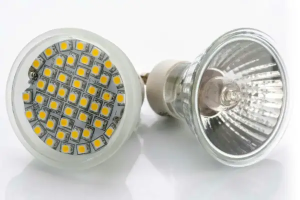 En LED-lampa med många små lysdioder bredvid en traditionell halogenlampa. Ett steg mot att byta halogen till LED.