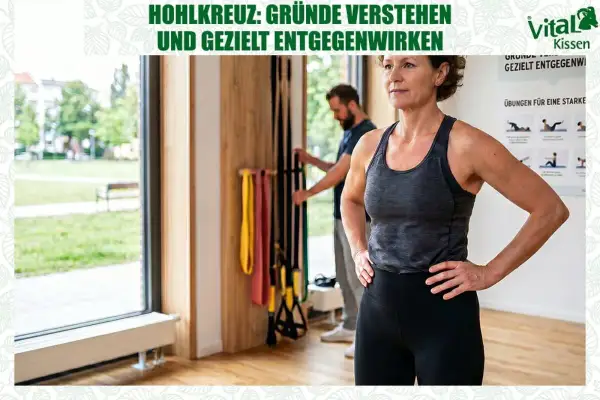 Frau im Fitnessstudio, die sich auf Übungen gegen Hohlkreuz (Hyperlordose LWS) vorbereitet. Ein Mann im Hintergrund wählt Trainingsbänder.