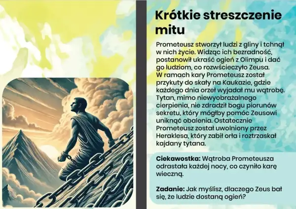 Uwięziony Prometeusz, przykuty do skały, spogląda w niebo. Jego cierpienie jest wieczne, ale jego duch niezłomny.