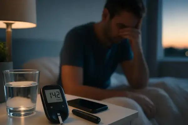 Uomo preoccupato guarda il misuratore di glicemia con valore 142 mg/dL, un bicchiere d'acqua e un telefono sul comodino. L'effetto alba suggerisce un problema di glicemia mattutina.