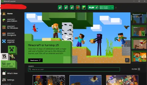 Minecraft launcher z postaciami Steve'a i Alex, świętujący 15 lat gry.