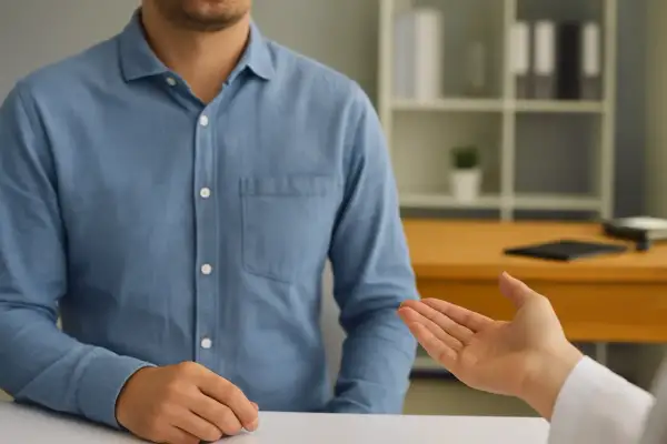 Rozmowa o tym, ile trwa ubezpieczenie po zwolnieniu z pracy. Dwie osoby przy biurku, jedna gestykuluje.