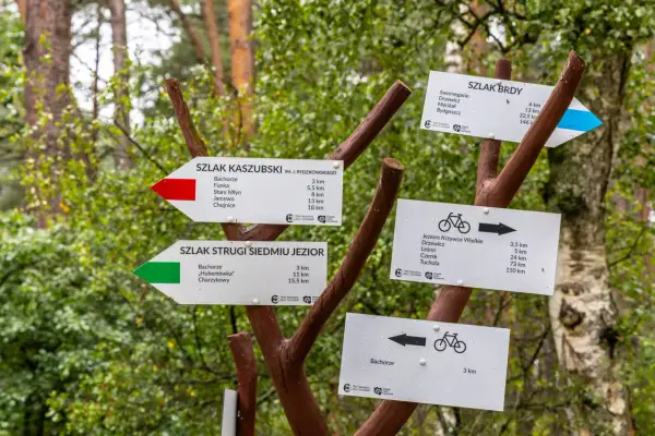 Rozdroże szlaków w Borach Tucholskich. Wskazówki kierują na Szlak Kaszubski, Szlak Brdy i Szlak Stuigi Siedmiu Jezior, zachęcając do odkrywania piękna regionu.