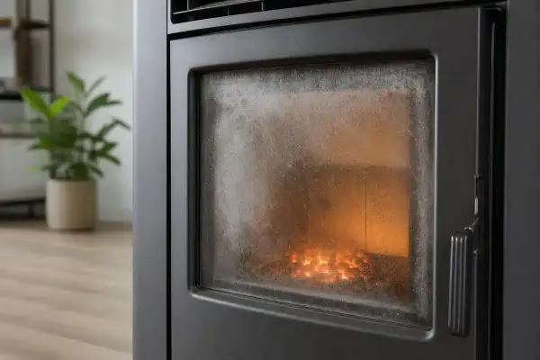 Gros plan sur la vitre noire d'un poêle à granulés, révélant les braises incandescentes. Un réglage parfait pour une ambiance chaleureuse.