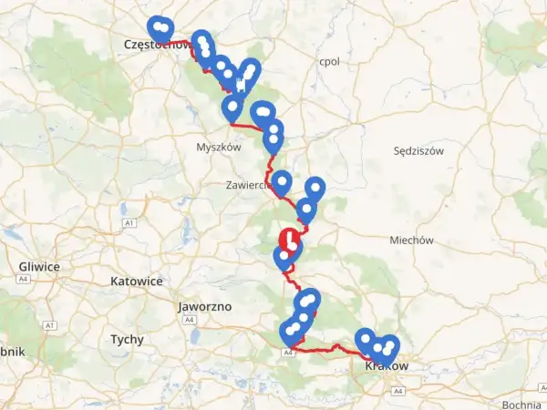 Mapa z zaznaczonym szlakiem Orlich Gniazd samochodem. Trasa prowadzi od Częstochowy przez Myszków, Zawiercie, aż do Krakowa, z licznymi punktami widokowymi.