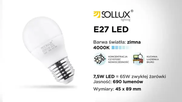 Żarówka LED Sollux E27 o barwie zimnej 4000K, 7,5W, zastępuje żarówkę halogenową 65W. Jasność 690 lumenów.
