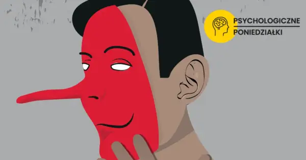 Postać z czerwoną maską Pinokia, zastanawiająca się, dlaczego kłamiemy. Obok logo "Psychologiczne Poniedziałki".