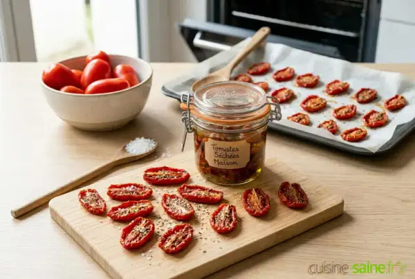 Préparation de tomates séchées maison : tomates fraîches, séchées sur une plaque et en bocal, prêtes pour une délicieuse recette.