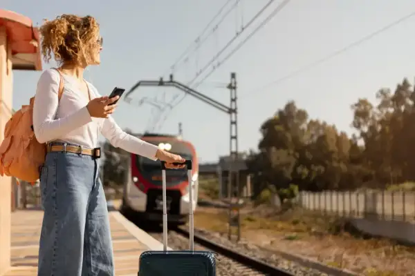Kobieta z plecakiem i walizką na peronie sprawdza telefon, zastanawiając się, ile się płaci za nadbagaż. Pociąg zbliża się do stacji.