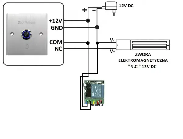 Schemat podłączenia przycisku "Door Release" do zwory elektromagnetycznej 12V DC. Jak podłączyć dodatkowy przycisk do otwierania furtki.