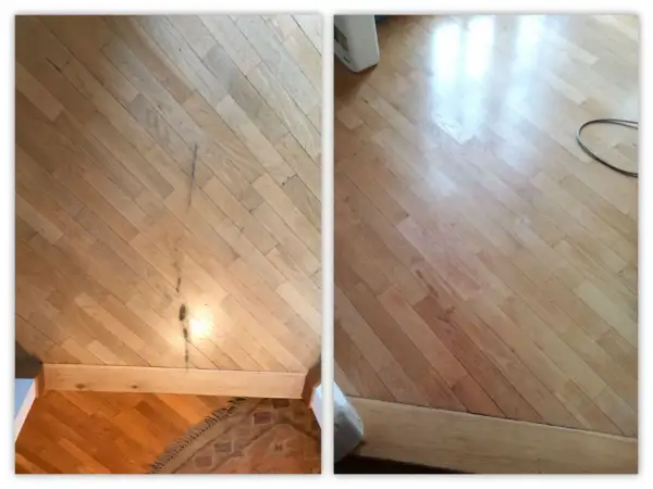 Parquet rovinato e poi splendente dopo il trattamento. Il risultato del sbiancare parquet prima e dopo è sorprendente.