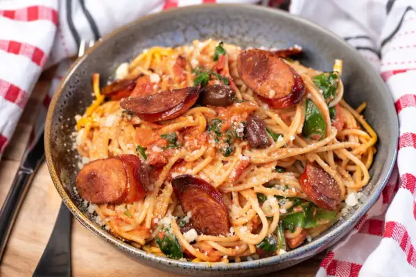 Pyszne spaghetti z pikantnym chorizo, pomidorami i szpinakiem, posypane parmezanem. Idealne danie dla miłośników włoskich smaków.