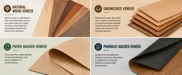 Impiallacciato: campioni di legno naturale, ingegnerizzato, con supporto in carta e fenolico. Ogni tipo ha un significato e un uso specifico.