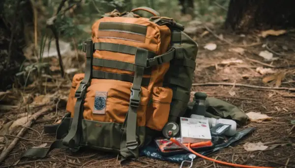 Mochila táctica naranja y verde con accesorios de supervivencia, lista para la aventura.