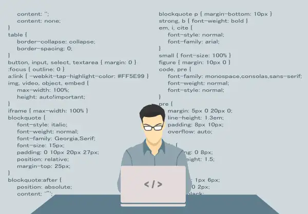 Programista przy laptopie, na ekranie kod CSS. Szybkie wyszukiwanie słowa w tekście to klucz do efektywnego kodowania.