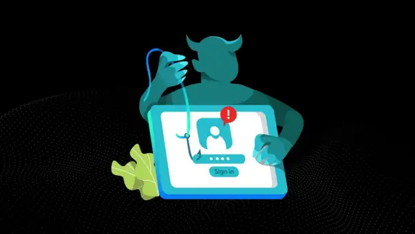 Diabeł z haczykiem próbuje wyłudzić dane logowania. Tak na czym polega phishing: oszustwo w sieci.