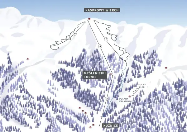 Mapa tras narciarskich na Kasprowym Wierchu. Widok z lotu ptaka na ośnieżone stoki, lasy i wyznaczone trasy zjazdowe.
