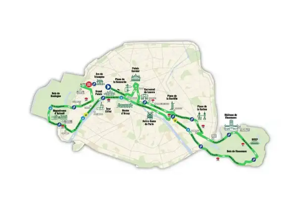 Carte du parcours du marathon de Paris, montrant le dénivelé et les monuments traversés, du Bois de Boulogne au Bois de Vincennes.