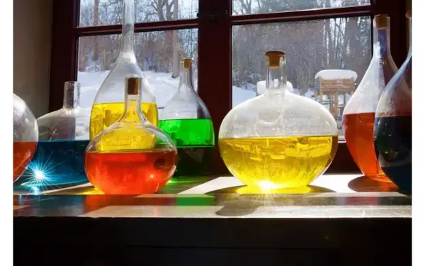 Kolorowe płyny w kolbach, jak uratować zoctowane wino? Słońce odbija się od szkła, tworząc magiczne refleksy.