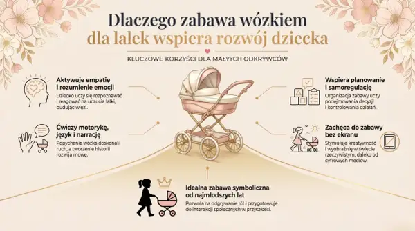 Zabawa lalkami w wózku rozwija empatię, motorykę i kreatywność, ucząc planowania i interakcji społecznych.