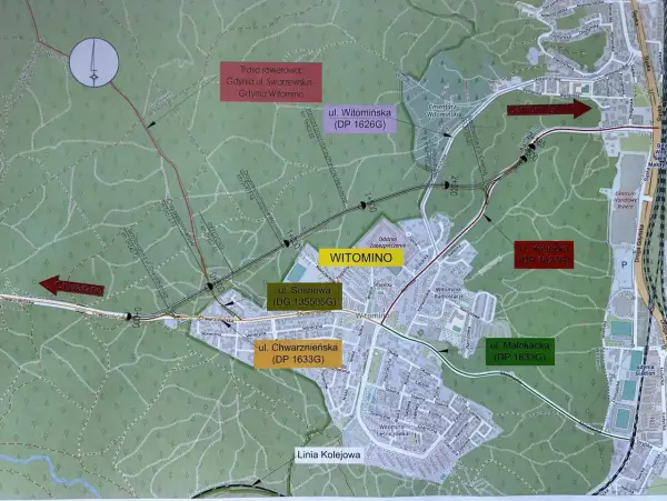 Mapa przedstawia przebieg obwodnicy Witomina, drogi rowerowe i ulice.