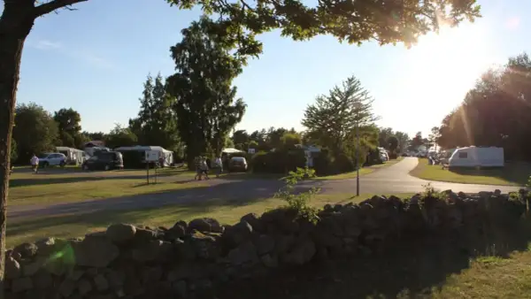 Solig dag på haga park camping. Husvagnar och bilar står uppradade på gräsmattor.