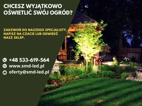 Pięknie oświetlony ogród nocą. Szukasz idealnej lampy do oświetlenia podwórka? Skontaktuj się z nami!