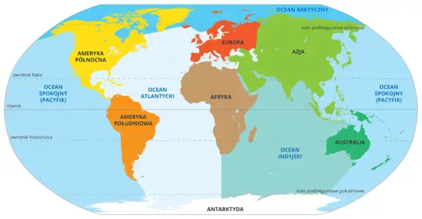 Mapa świata pokazuje, ile jest kontynentów: Amerykę Północną, Południową, Europę, Afrykę, Azję, Australię i Antarktydę.